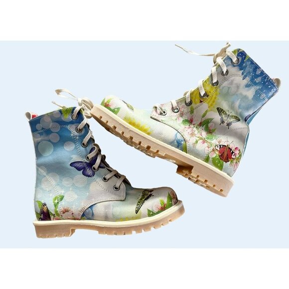 GOBY Kids Youth Beautiful Day Butterfly Floral Painted Boots Size 1 - Picture 1 of 8
